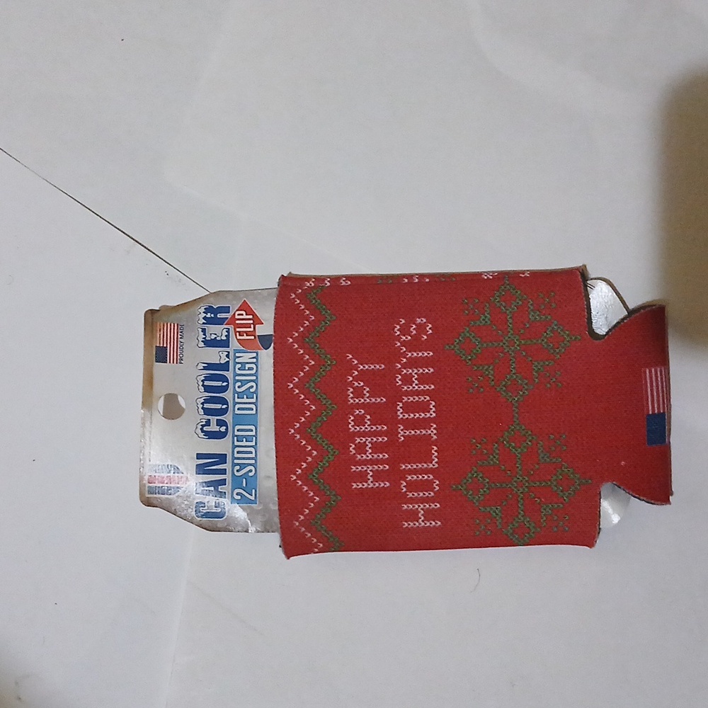 Happy Holidays Slim Can red green white design Cooler Stocking stuffer NWT USA